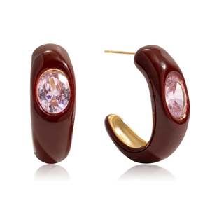 S925 Sterling Silver Earrings Burgundy with Dripping Pink Zirconia C-Shaped Hoop Earrings
