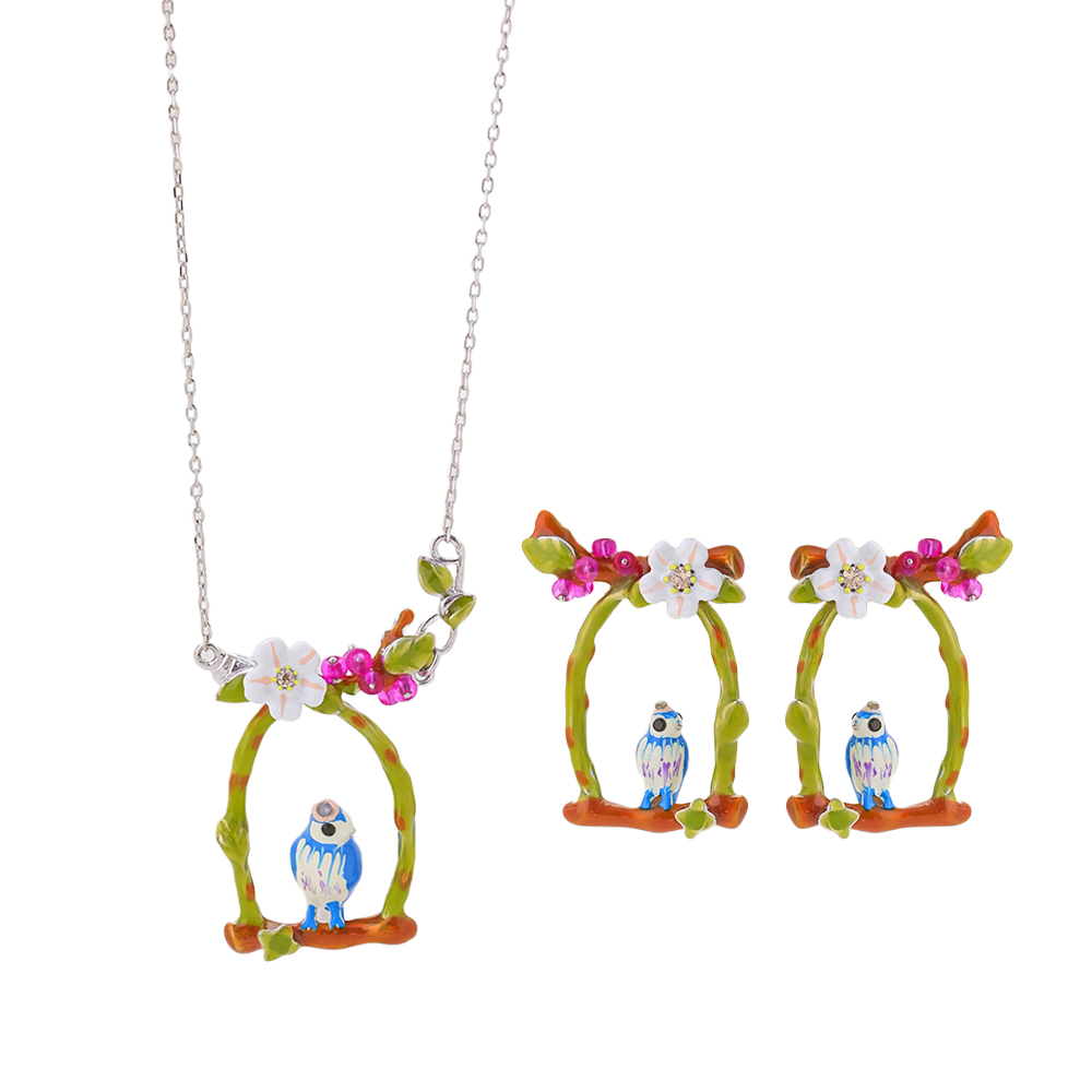 Earrings Bracelet Necklace Jewelry Set Flower Drop Charm Enamel bird Fashion Jewelry Set for Women Gift