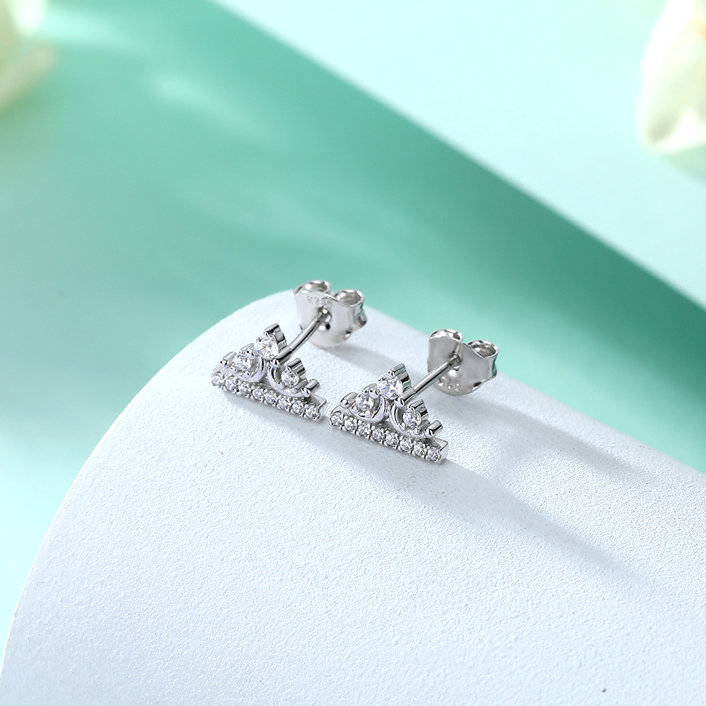 S925 Sterling Silver Round Zircon Crown Earrings For Woman