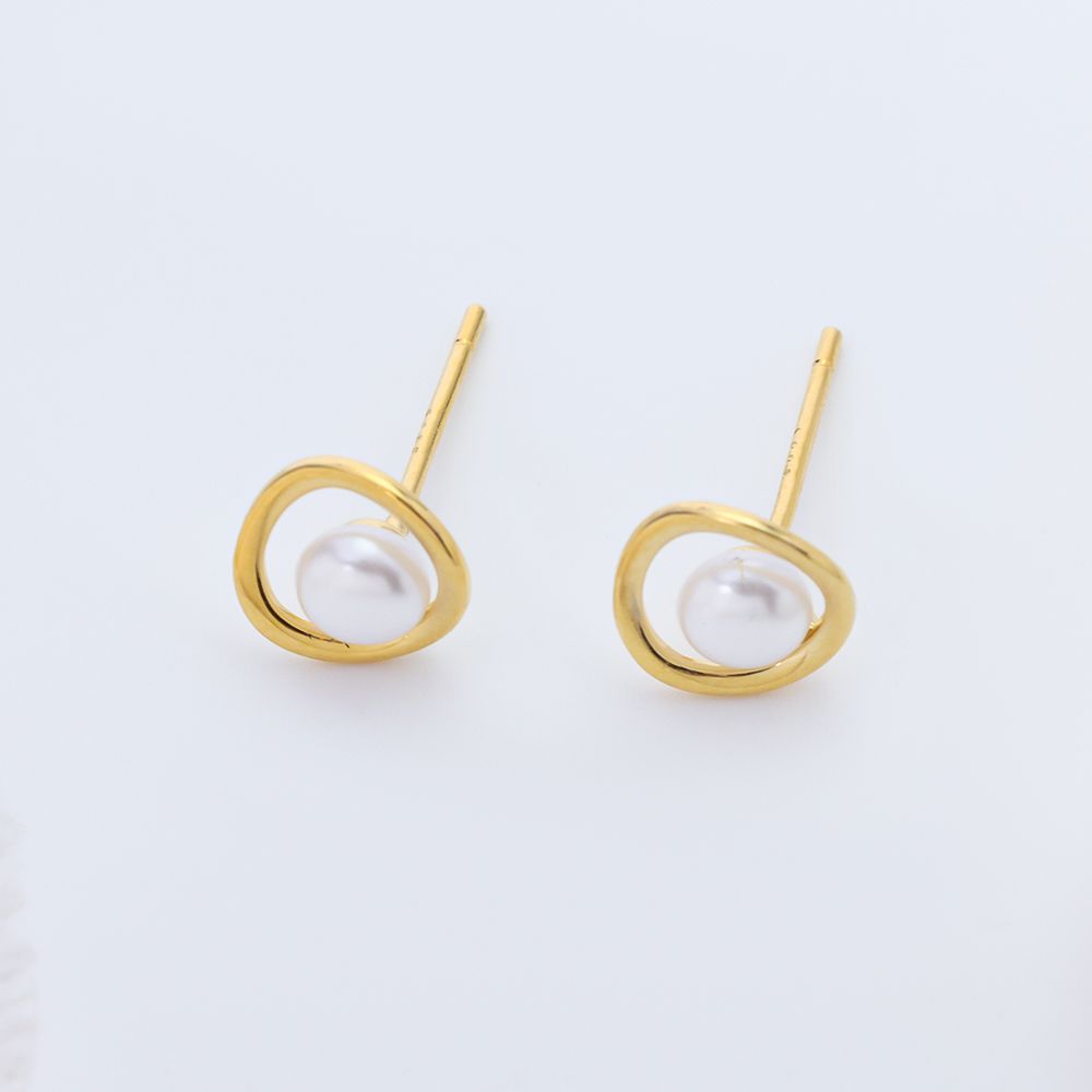 Gold Plated S925 Silver Twisted Hoop Pearl Stud Earrings – Minimalist Elegance for Everyday Wear
