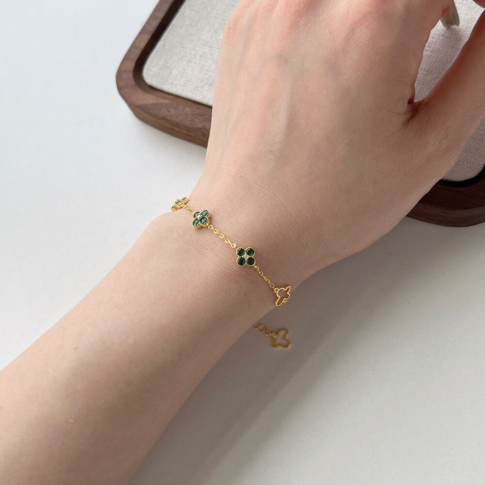 925 Silver Four Clover Leaf Colorful Cubic Zircon Bracelet for women 14K Yellow Gold 