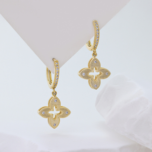 Huggie Hoop Earrings with Clover hollow Charms, Dainty Drop Dangle Earrings for Women