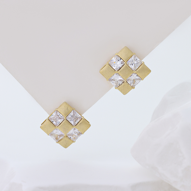 Silver Simple diamond-shaped nine-square grid small squares stud earrings