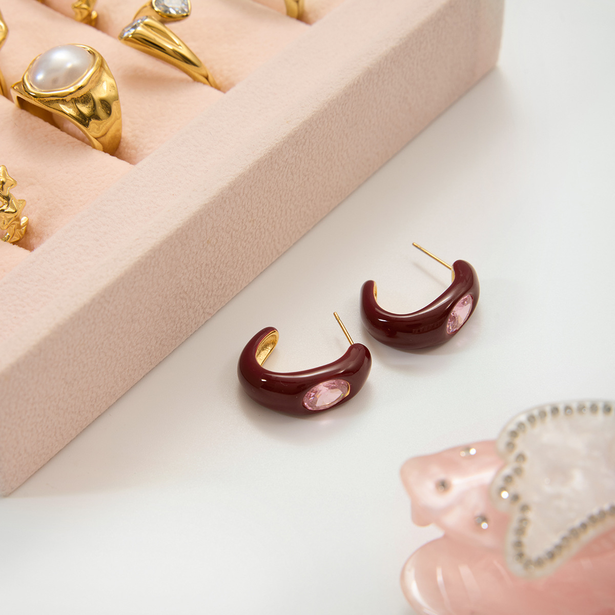 S925 Sterling Silver Earrings Burgundy with Dripping Pink Zirconia C-Shaped Hoop Earrings