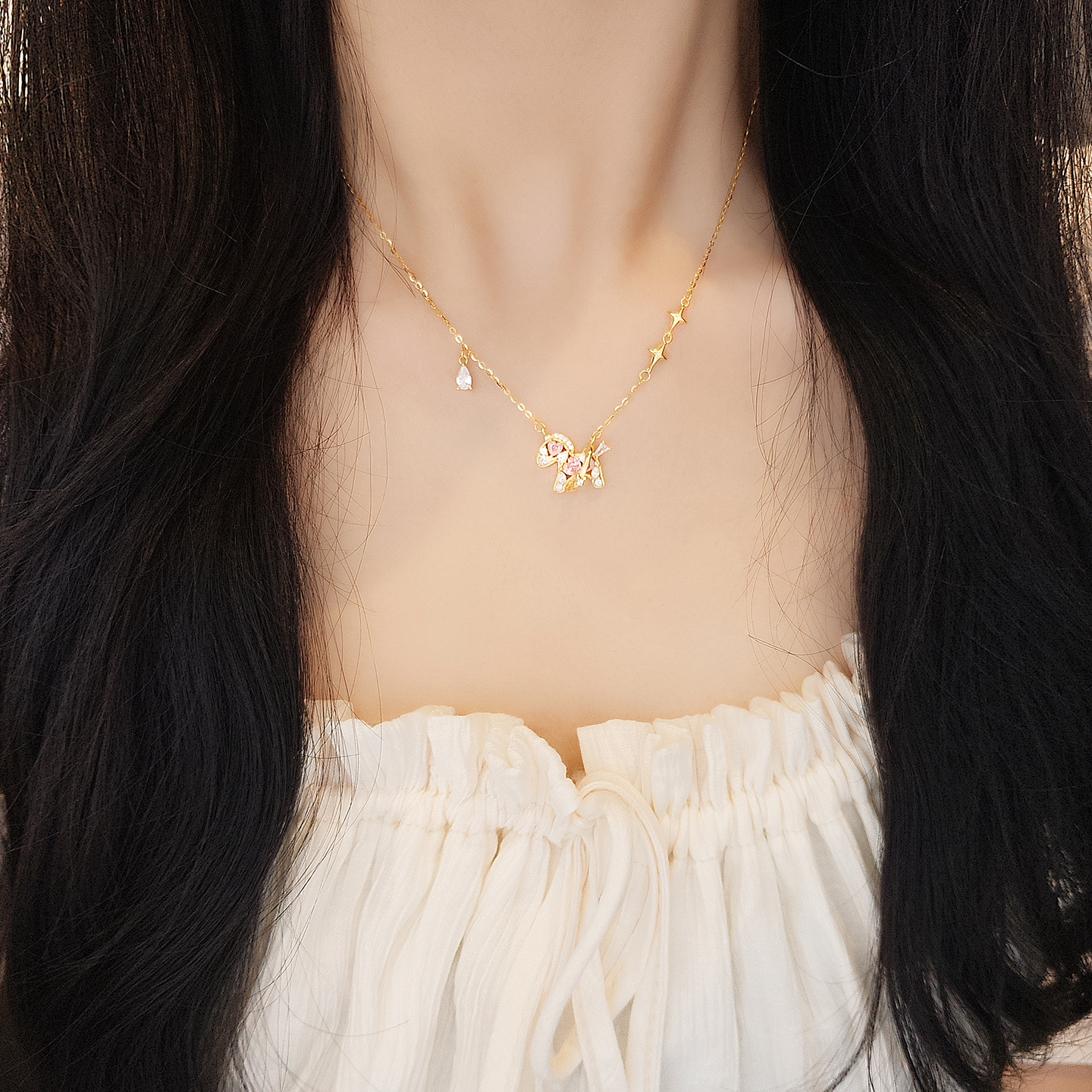 S925 Sterling Silver Starry Pony Necklace with Diamond Pendant For Woman Gift