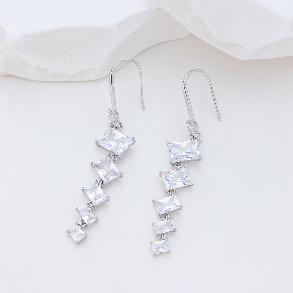 Geometric Square Zirconia Silver Drop Earrings - Sterling Silver Dangle Earrings for Women, Minimalist Long Statement Jewelry Gift