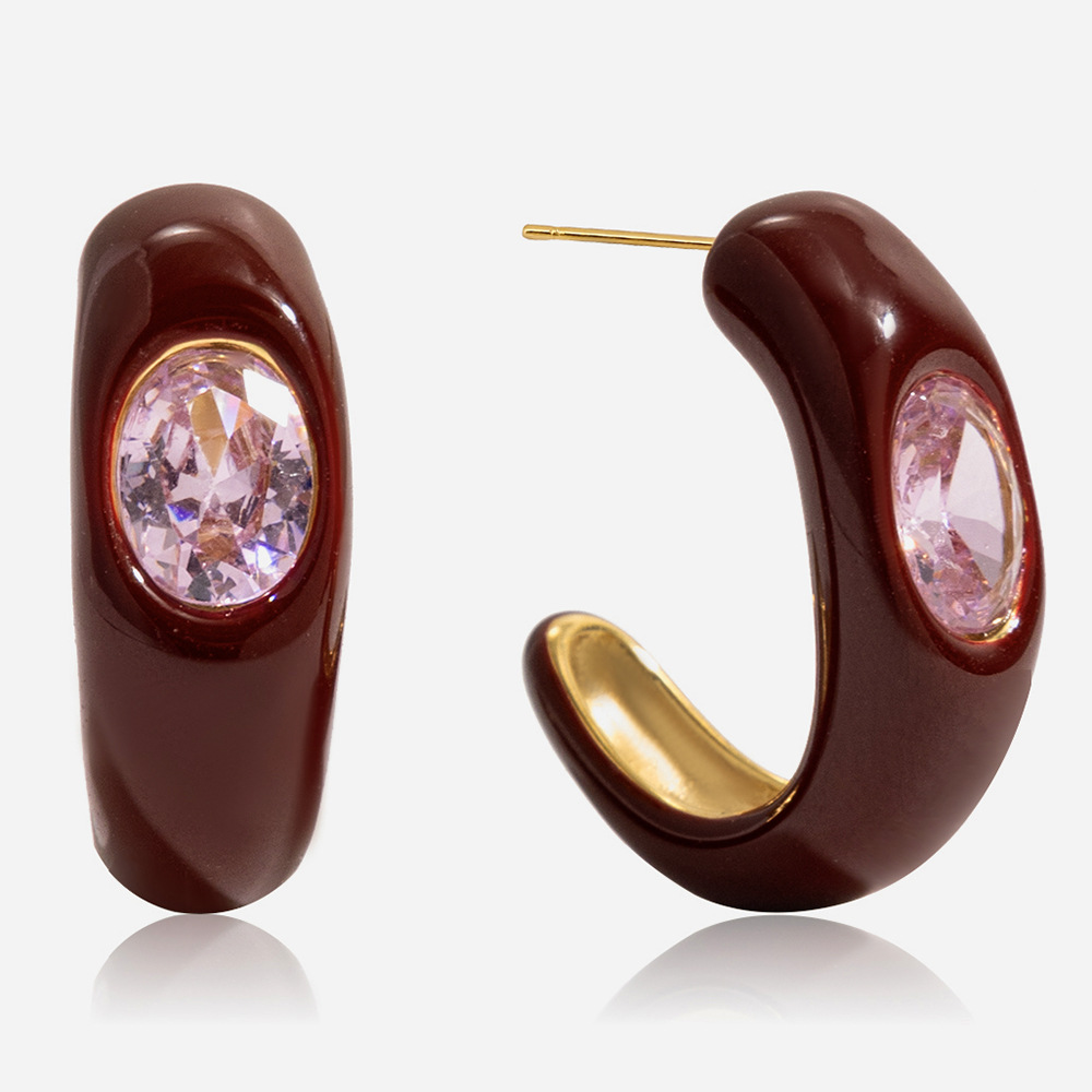 S925 Sterling Silver Earrings Burgundy with Dripping Pink Zirconia C-Shaped Hoop Earrings