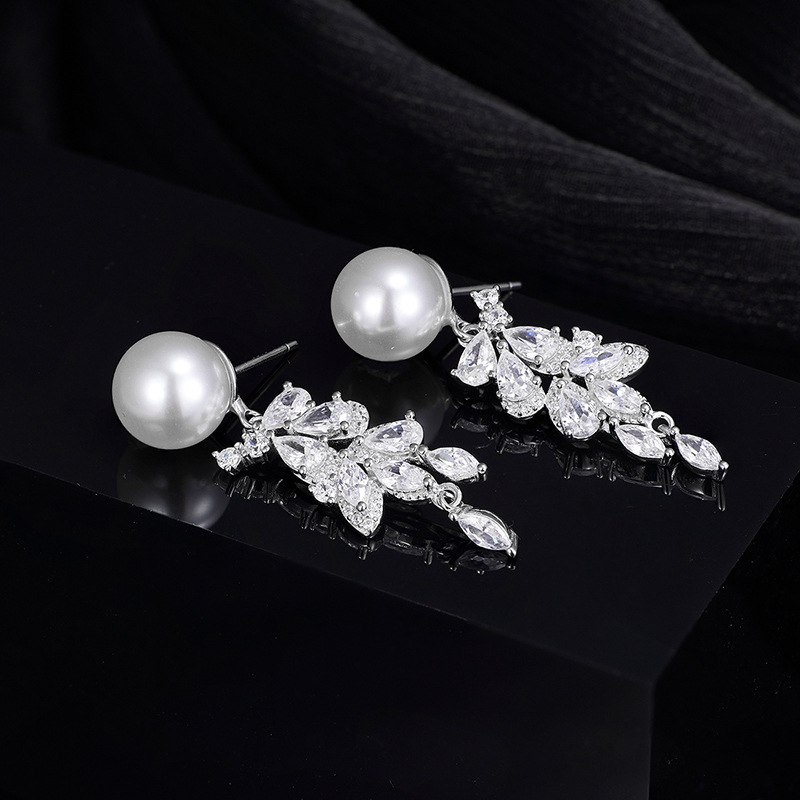 925 sterling silver CZ and shell pearl long fringed earrings