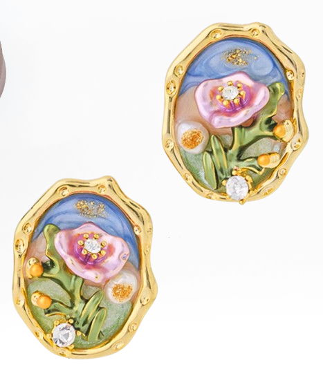 925 Sterling Silver Jewelry Colorful Enamel Artistic oil painting Flower Earrings 