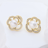 925 silver Elegant Flower Pearl Stud Earrings – Gold-Tone Four-Petal Design with Cubic Zirconia & Freshwater Pearl, Women’s Fashion Jewelry