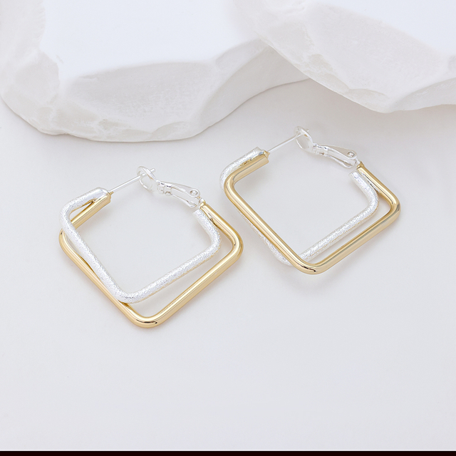 925 Sterling Silver Double - Layer Square Geometric Hoop Earrings (Matte Gold Edge Design)