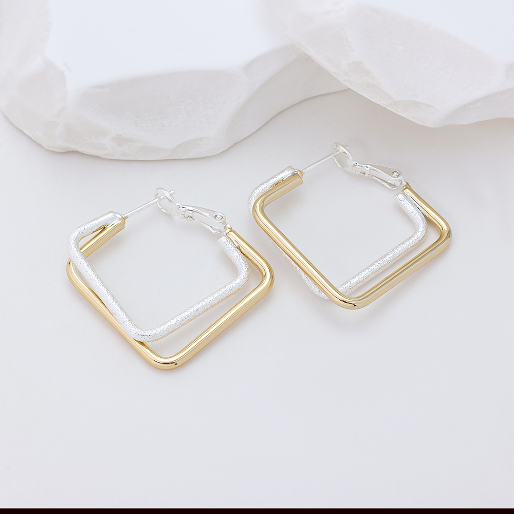 925 Sterling Silver Double - Layer Square Geometric Hoop Earrings (Matte Gold Edge Design)