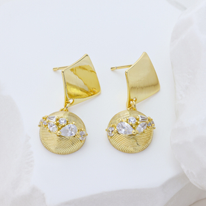 French Vintage Brushed Metal Micro-inlaid Zircon Teardrop Geometric Combined Long Statement Earrings