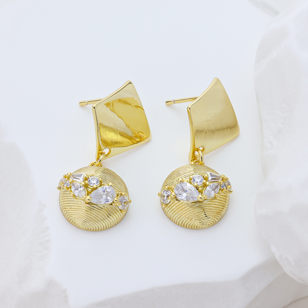 French Vintage Brushed Metal Micro-inlaid Zircon Teardrop Geometric Combined Long Statement Earrings