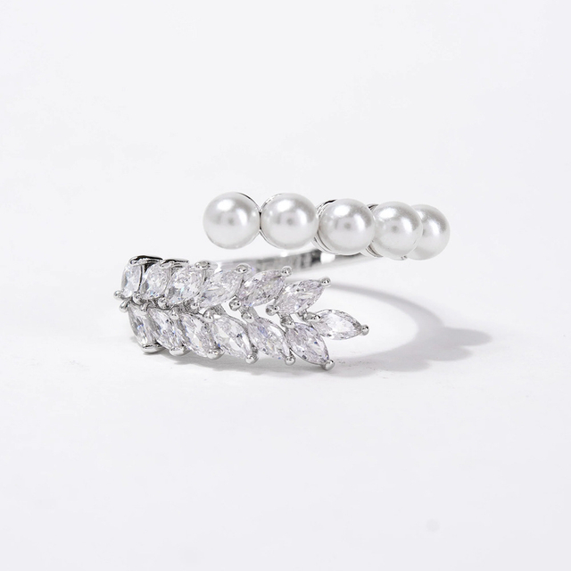 Sterling Silver Pearl CZ Ring Rhodium Plated Ajustable Ring For Woman