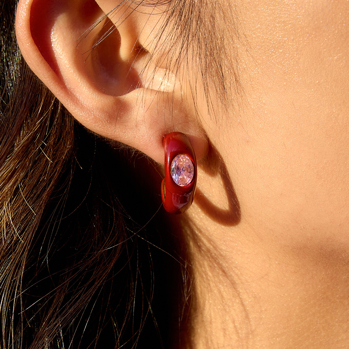 S925 Sterling Silver Earrings Burgundy with Dripping Pink Zirconia C-Shaped Hoop Earrings