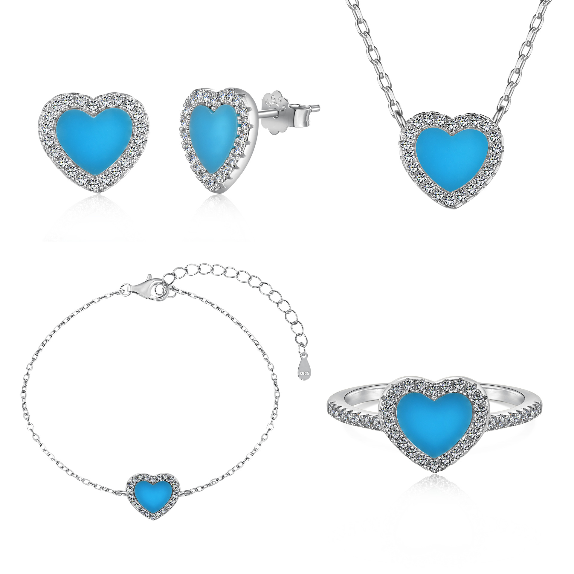 S925 Sterling Silver Heart Zircon Jewelry Set For Ladies