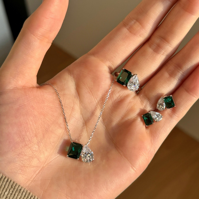 925 Sterling Silver Jewelry Set Emerald Cut Square Drop Zircon Silver Necklace