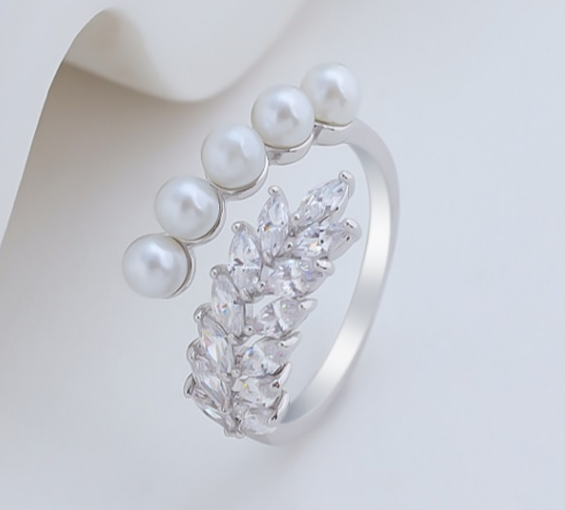 Sterling Silver Pearl CZ Ring Rhodium Plated Ajustable Ring For Woman
