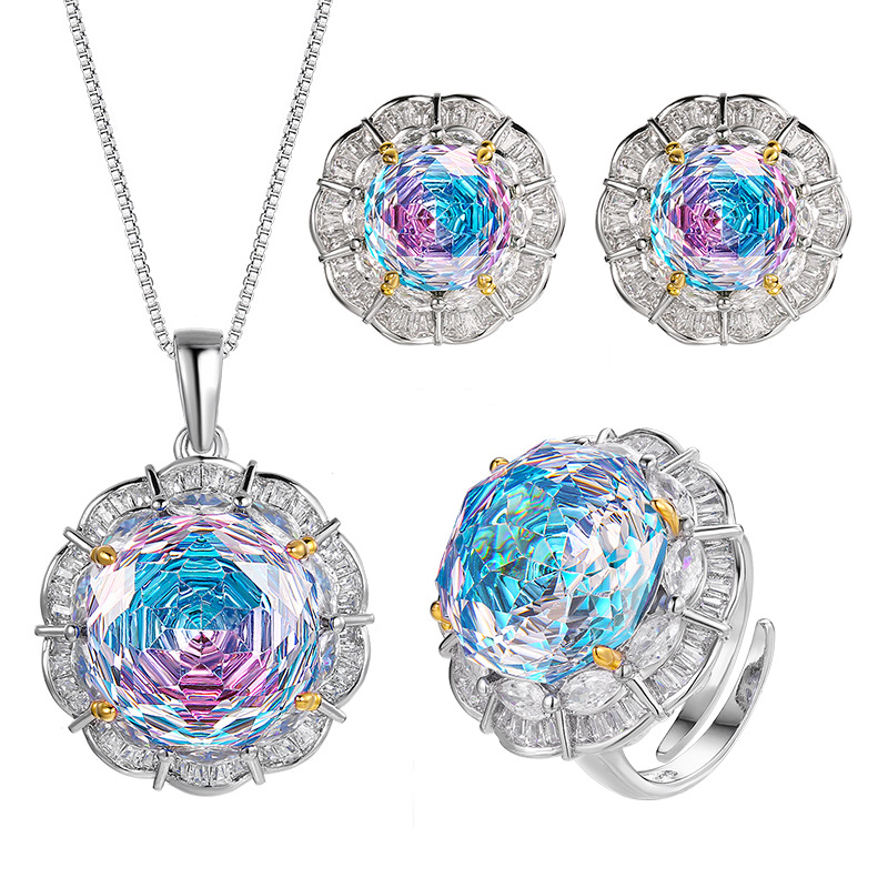 Women's Colorful Cubic Zirconia Round Shape Silver Earrings Ring Necklace Set for Weddings
