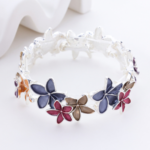 S925 silver Gold Sakura Floral Bracelet for Women - Colorful Enamel Flower Stretch Bangle