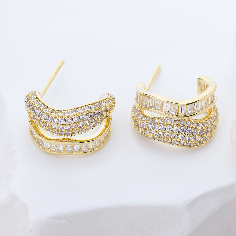 Gold - Plated Zircon Layered Hoop Earrings (with Round & Baguette - Cut Zircons)