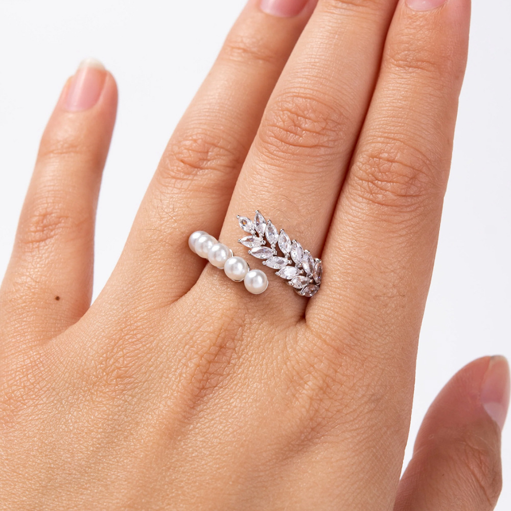 Sterling Silver Pearl CZ Ring Rhodium Plated Ajustable Ring For Woman