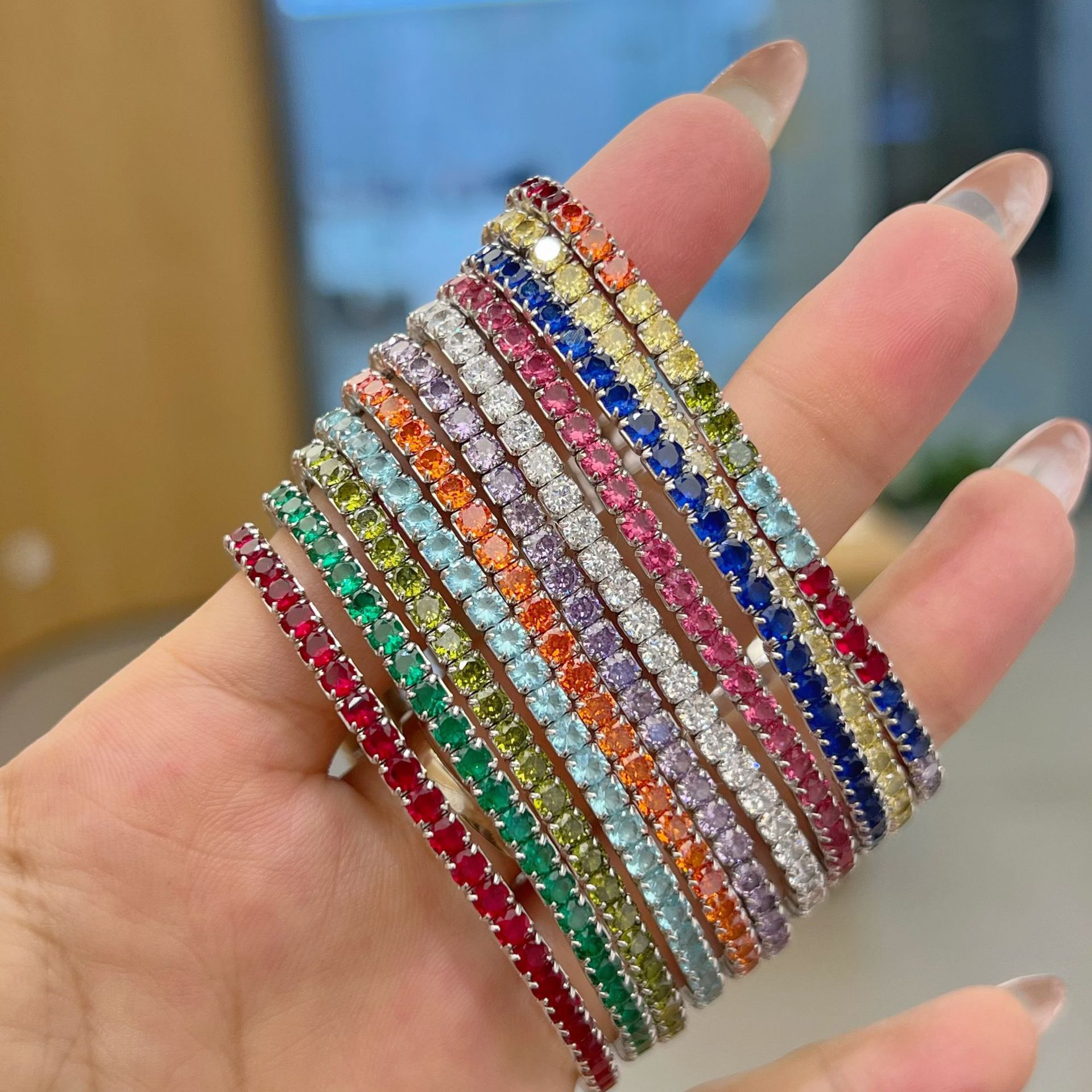 925 Silver bracelet for women's fashion, colorful and versatile tennis chain for girls, 3MM zircon inlaid silver jewelry