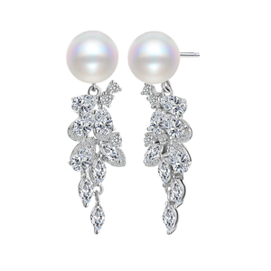 925 sterling silver CZ and shell pearl long fringed earrings
