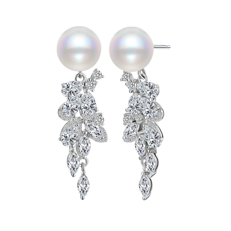 925 sterling silver CZ and shell pearl long fringed earrings