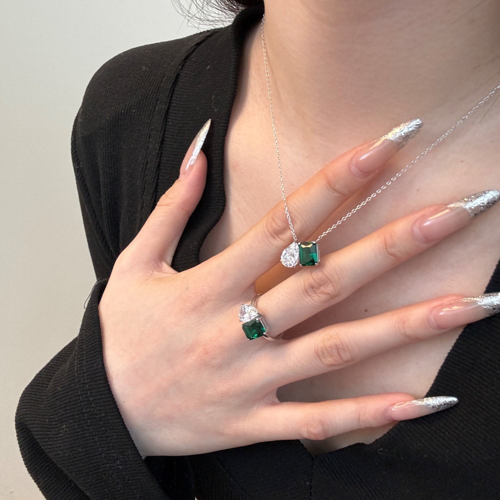 925 Sterling Silver Jewelry Set Emerald Cut Square Drop Zircon Silver Necklace