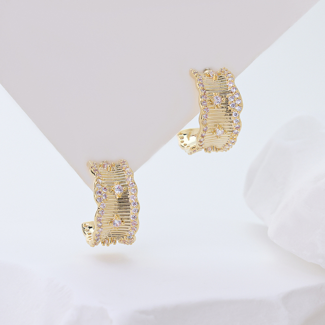 925 Sterling Silver Gold Plated Geometric Zircon Huggie Hoop Earrings for Women, Textured Wavy Design Dainty Minimalist Statement Ear Jewelry