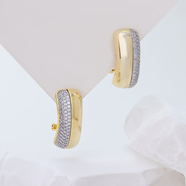 Gold-Plated Sterling Silver Hoop Earrings with Cubic Zirconia – Minimalist Curved Cuff, Everyday Luxury