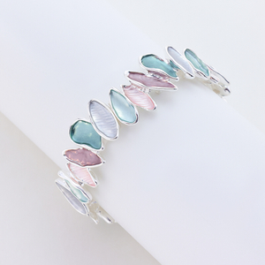 Gold Sakura Floral S925 Silver Bracelet Irregularly Shaped Colored Paint Stretch Bangle 