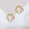925 silver Elegant Flower Pearl Stud Earrings – Gold-Tone Four-Petal Design with Cubic Zirconia & Freshwater Pearl, Women’s Fashion Jewelry