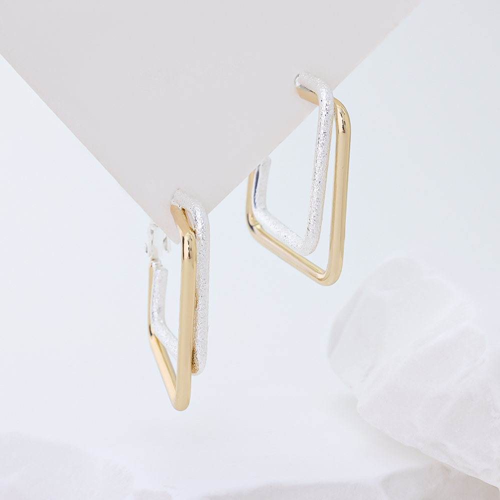 925 Sterling Silver Double - Layer Square Geometric Hoop Earrings (Matte Gold Edge Design)