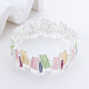 S925 Silver Square & Rectangle Multi-Color Enamel Bangle for Women, Adjustable Jewelry