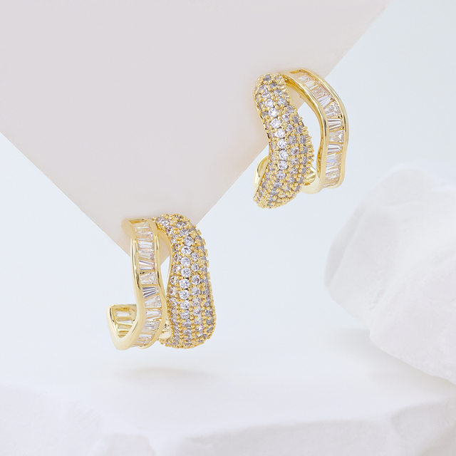 Gold - Plated Zircon Layered Hoop Earrings (with Round & Baguette - Cut Zircons)