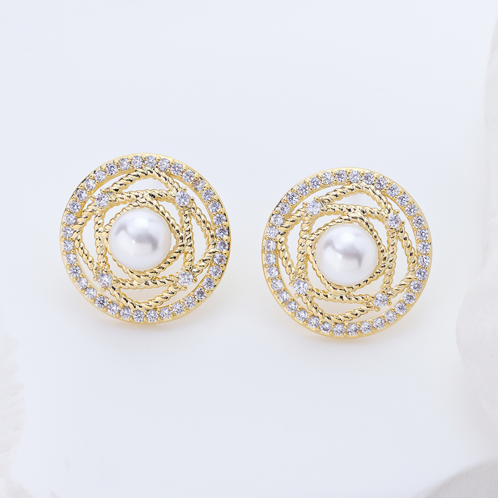 925 Sterling Silver 18K Gold Plated Shall Pearl Round Pearl 5a White Zircon Stud Earrings