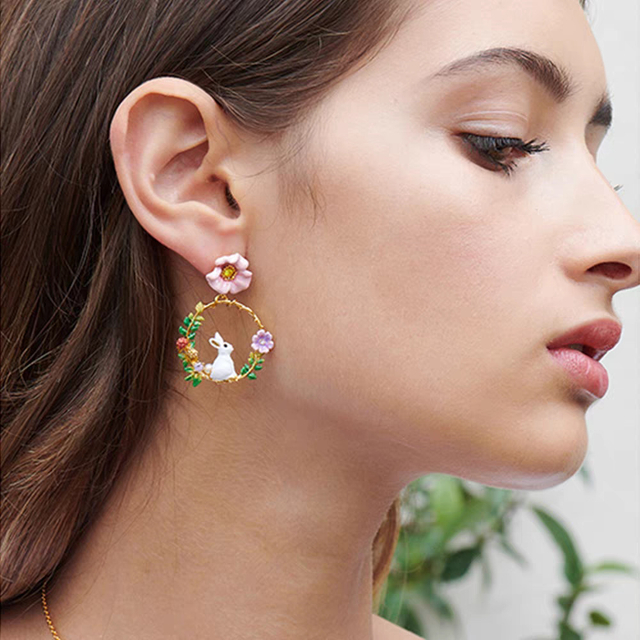 925 Sterling Silver Jewelry Colorful Enamel Rabbit Earrings 