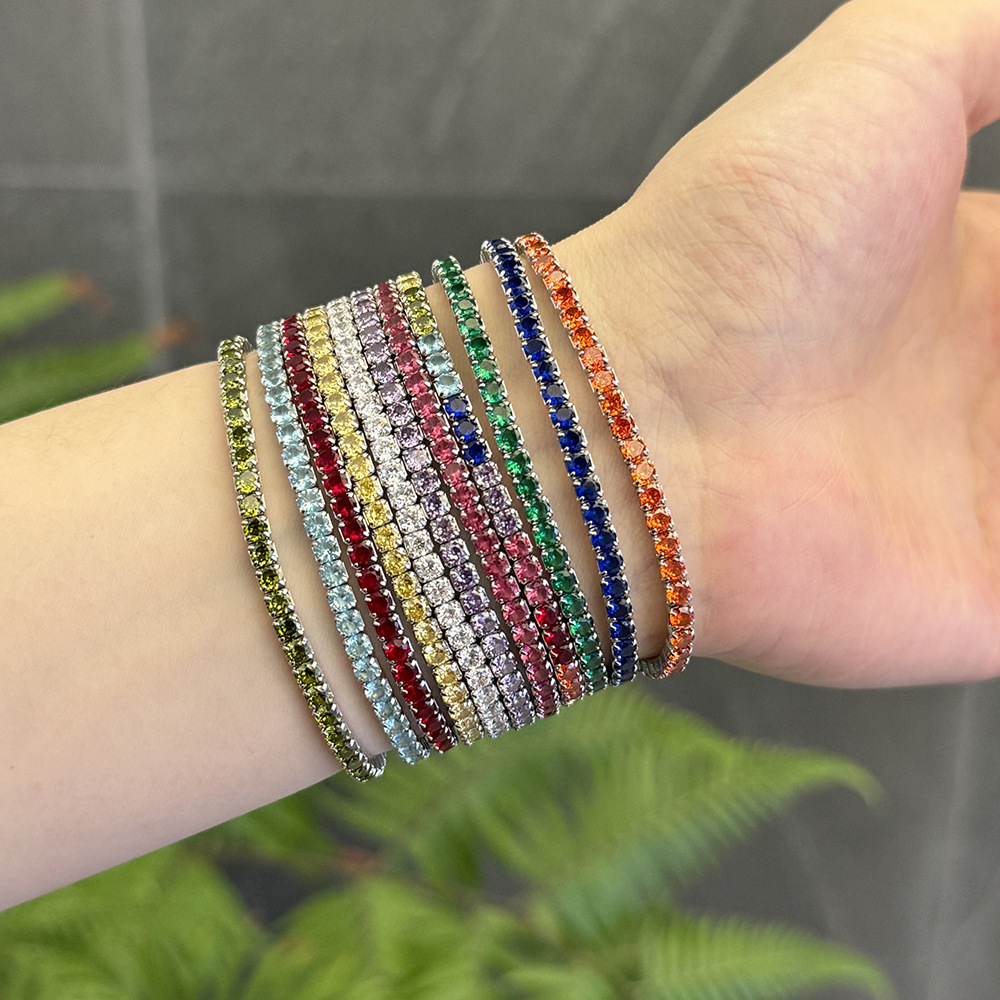 925 Silver bracelet for women's fashion, colorful and versatile tennis chain for girls, 3MM zircon inlaid silver jewelry