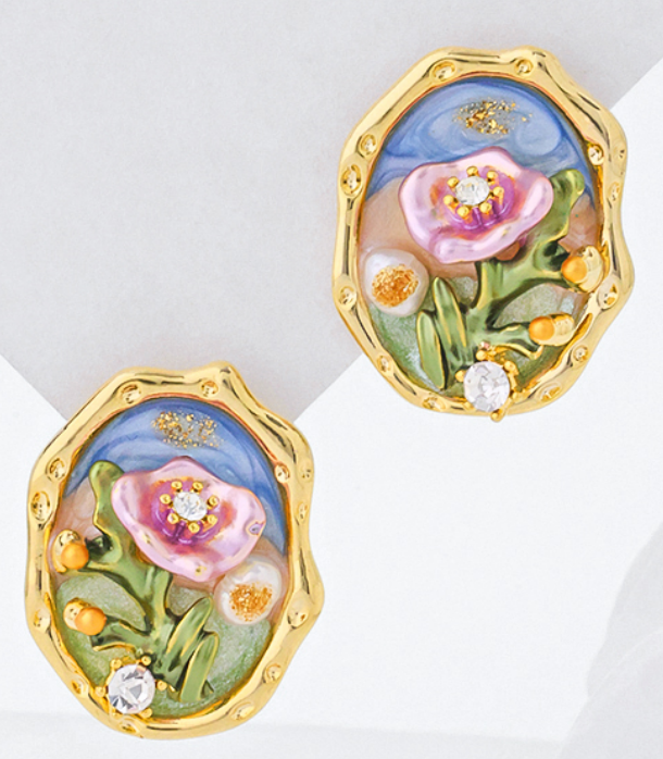 925 Sterling Silver Jewelry Colorful Enamel Artistic oil painting Flower Earrings 