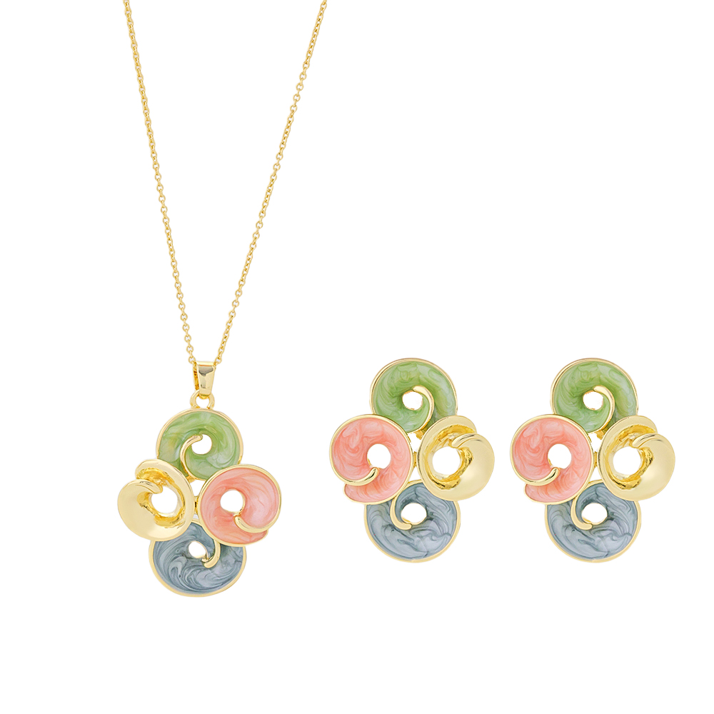 Rhodium Plated Multicolor flower Enamel Clip-on Stud Earrings And Neckalce Pendant Jewelry set