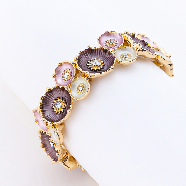 925 Sterling Silver Flower Shape Bracelet Irregularly Shaped Colored Paint Stretch Bangle 