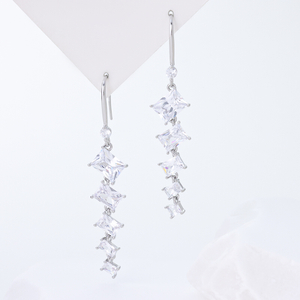 Geometric Square Zirconia Silver Drop Earrings - Sterling Silver Dangle Earrings for Women, Minimalist Long Statement Jewelry Gift
