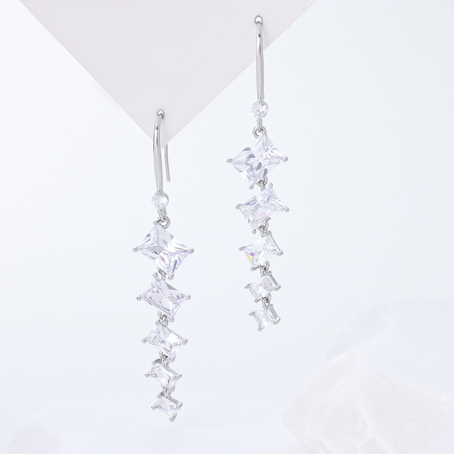 Geometric Square Zirconia Silver Drop Earrings - Sterling Silver Dangle Earrings for Women, Minimalist Long Statement Jewelry Gift
