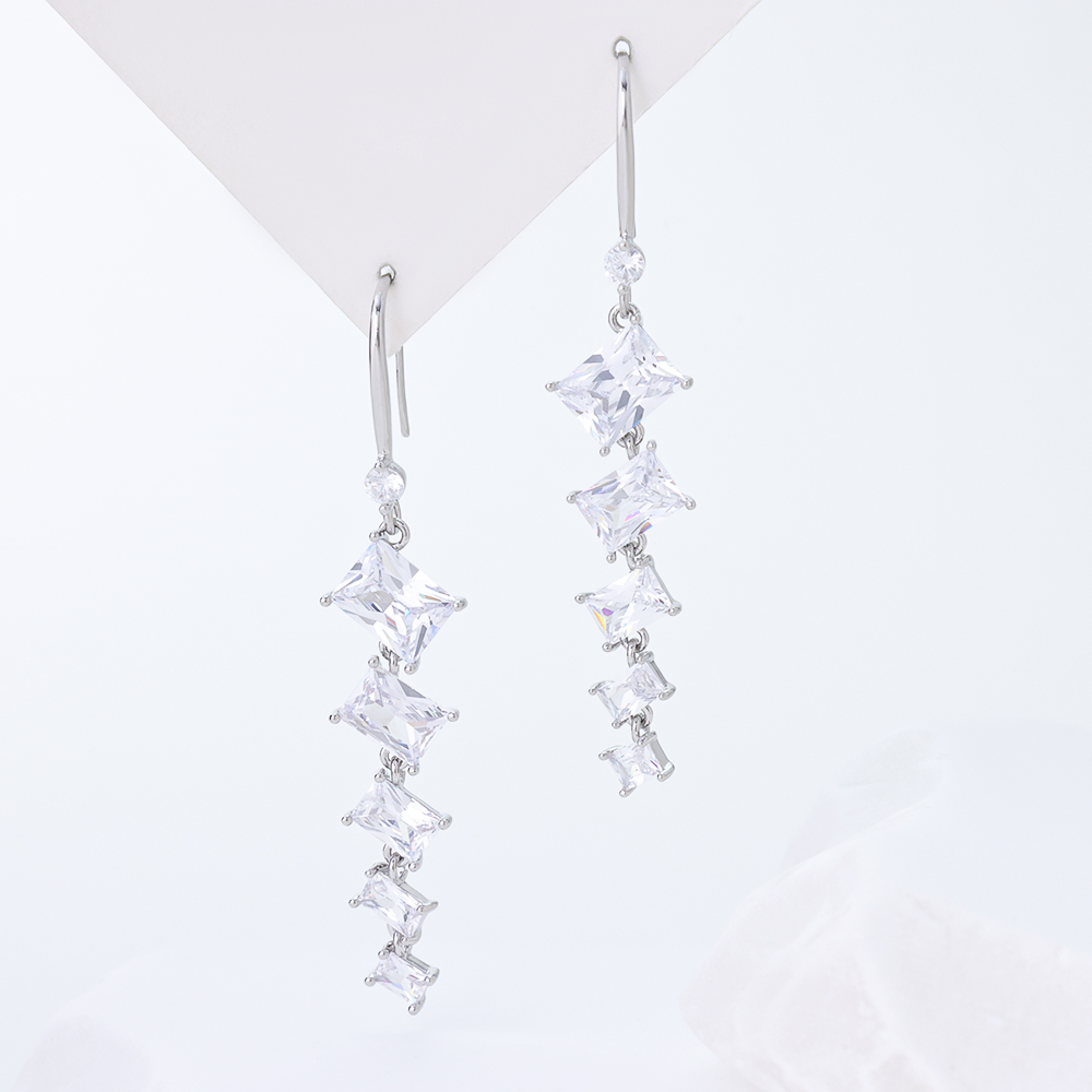 Geometric Square Zirconia Silver Drop Earrings - Sterling Silver Dangle Earrings for Women, Minimalist Long Statement Jewelry Gift