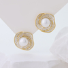 14K Gold Plated S925 Sterling Silver Pearl Stud Earrings, Paved Cubic Zirconia Swirl Flower Freshwater Pearl Statement Earrings for Women Wedding Party