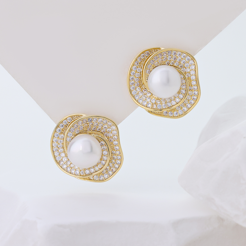 14K Gold Plated S925 Sterling Silver Pearl Stud Earrings, Paved Cubic Zirconia Swirl Flower Freshwater Pearl Statement Earrings for Women Wedding Party