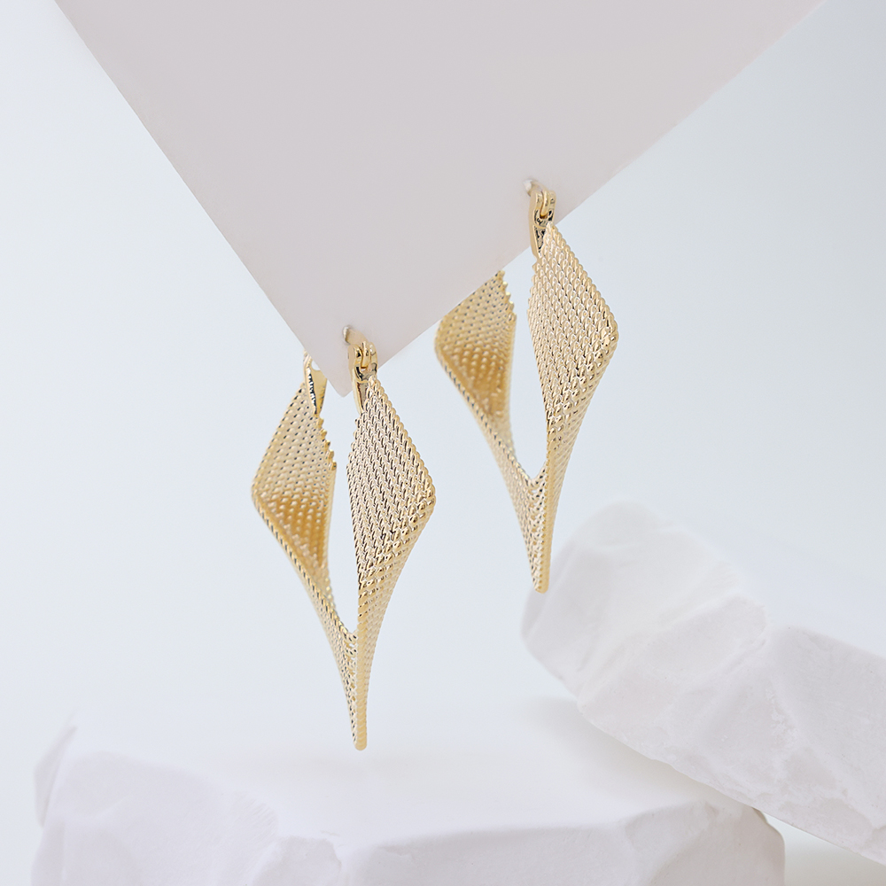 14K Gold Plated S925 Sterling Silver Rhombus Hoop Earrings, Women Textured Mesh Open Square Huggie Earrings Hypoallergenic Statement Jewelry